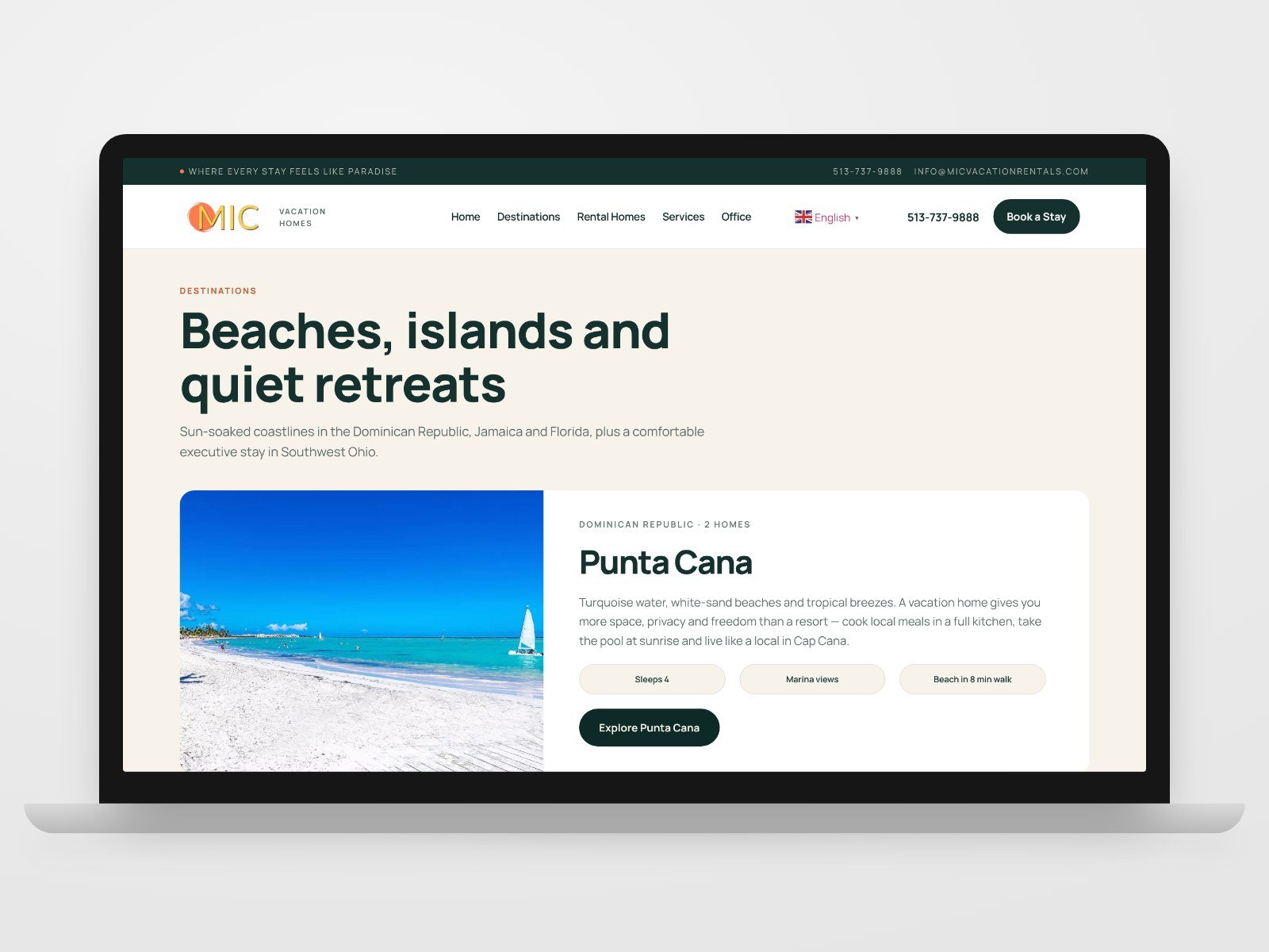 Page Destinations du site MIC Vacation Rentals
