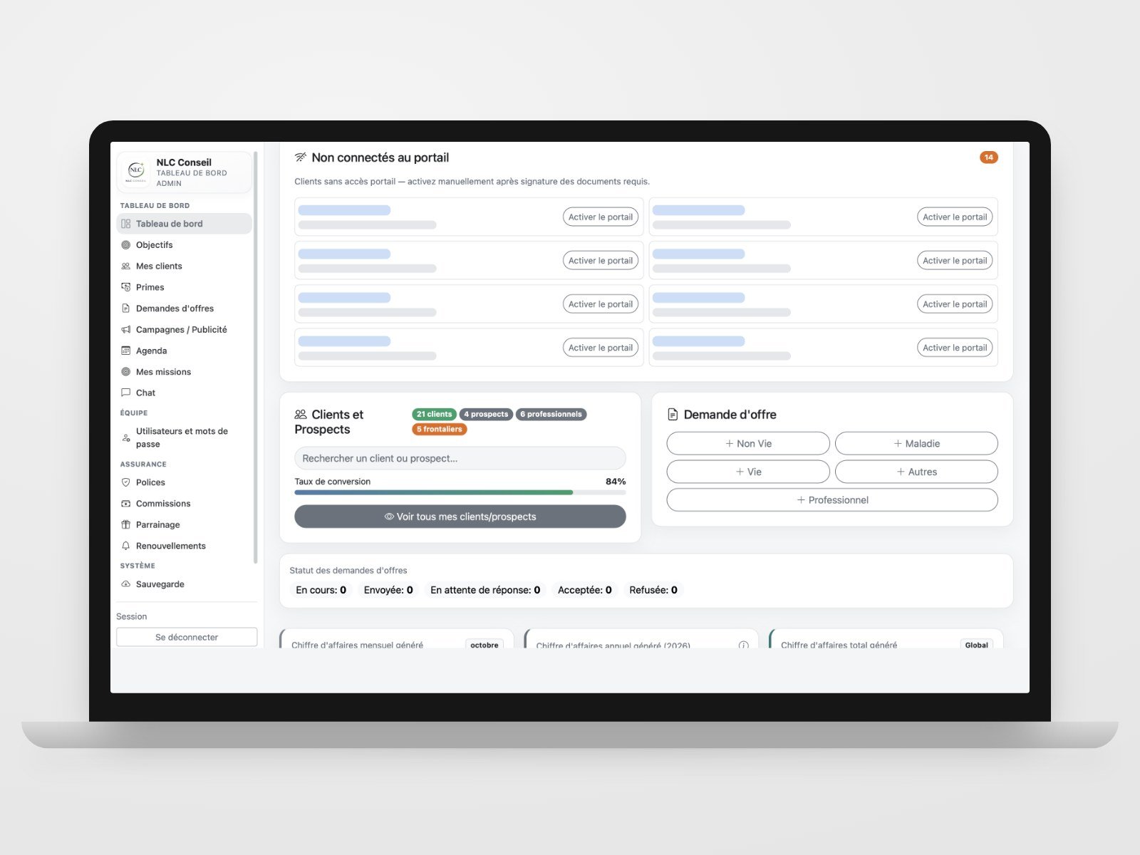 CRM développé pour NLC Conseil sur ordinateur et tablette